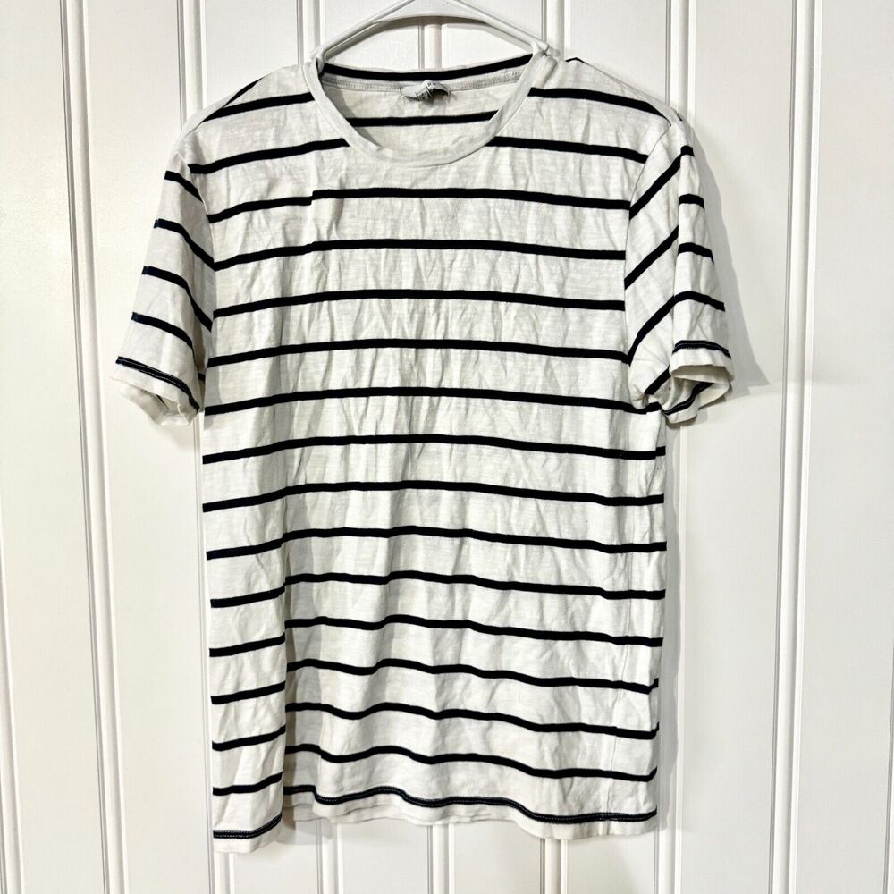 REISS Shirt Women Size M Short Sleeve Cotton Crewneck Navy Blue & White Casual